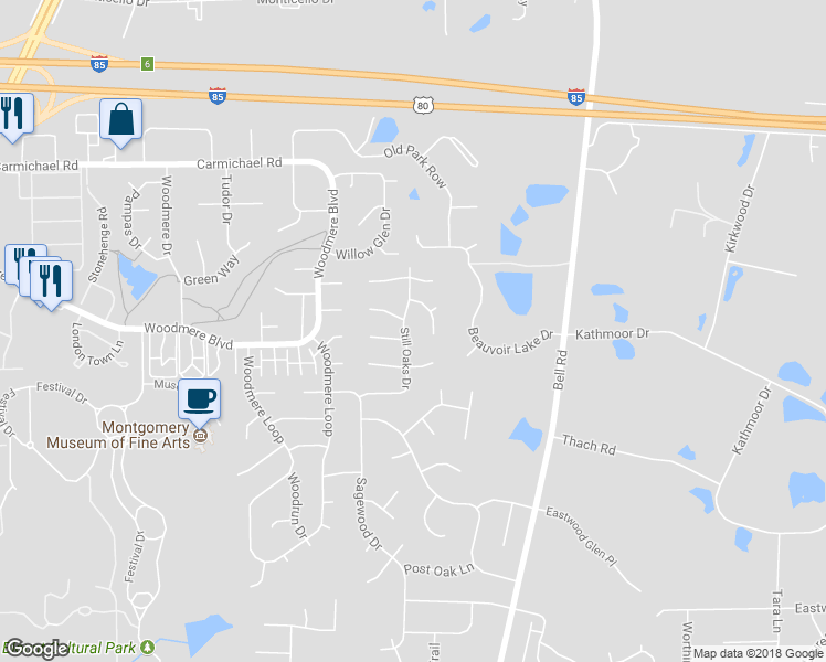 map of restaurants, bars, coffee shops, grocery stores, and more near 1865 Still Oaks Drive in Montgomery