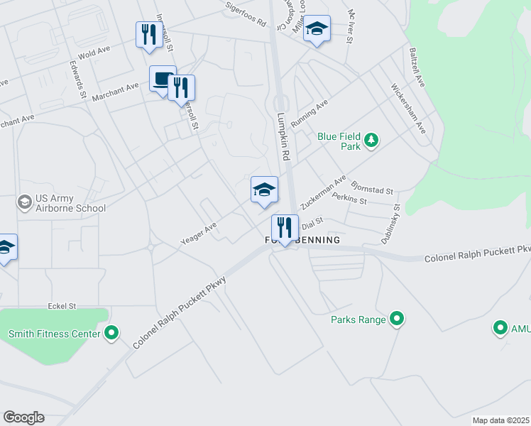 map of restaurants, bars, coffee shops, grocery stores, and more near 99 Yeager Avenue in Fort Benning
