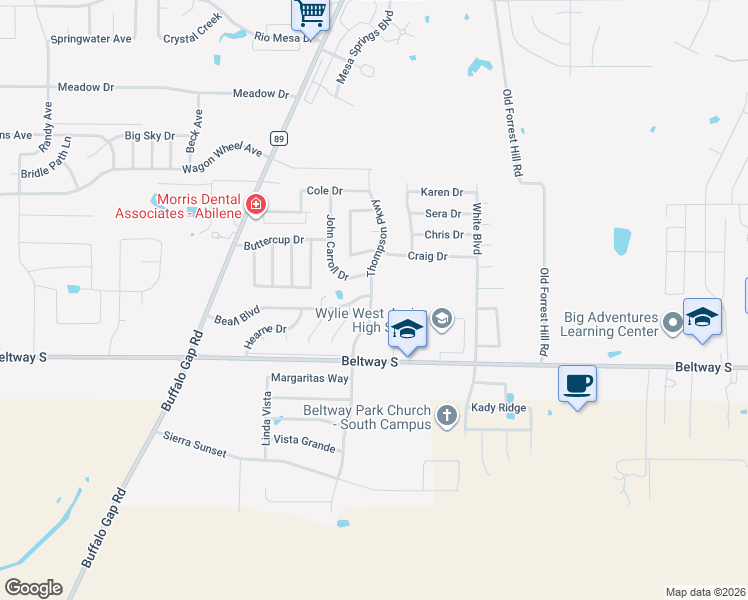 map of restaurants, bars, coffee shops, grocery stores, and more near 7809 Thompson Parkway in Abilene