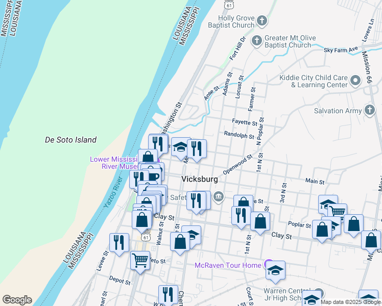 map of restaurants, bars, coffee shops, grocery stores, and more near 805 Monroe Street in Vicksburg