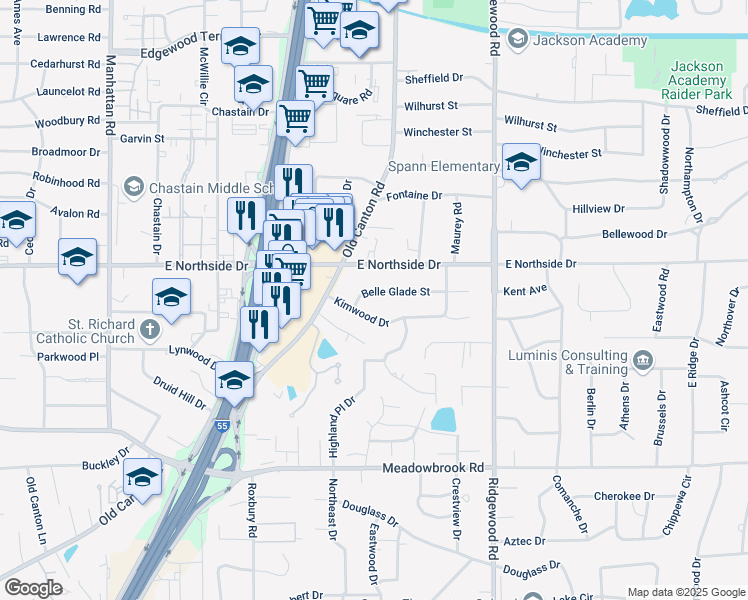 map of restaurants, bars, coffee shops, grocery stores, and more near 1420 Belle Glade Street in Jackson