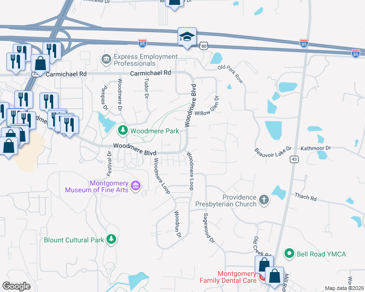 map of restaurants, bars, coffee shops, grocery stores, and more near 1517 Westminster Drive in Montgomery