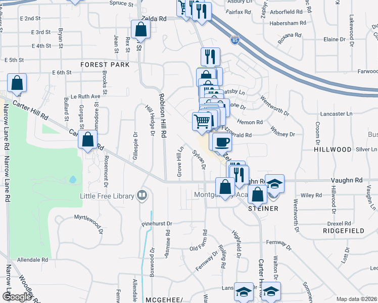 map of restaurants, bars, coffee shops, grocery stores, and more near 1761 Sylvan Drive in Montgomery