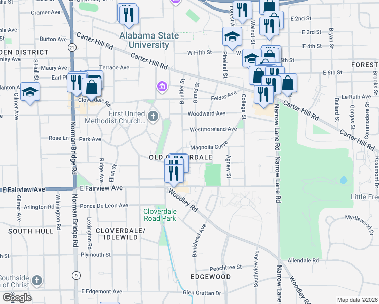 map of restaurants, bars, coffee shops, grocery stores, and more near 1103 Magnolia Curve in Montgomery