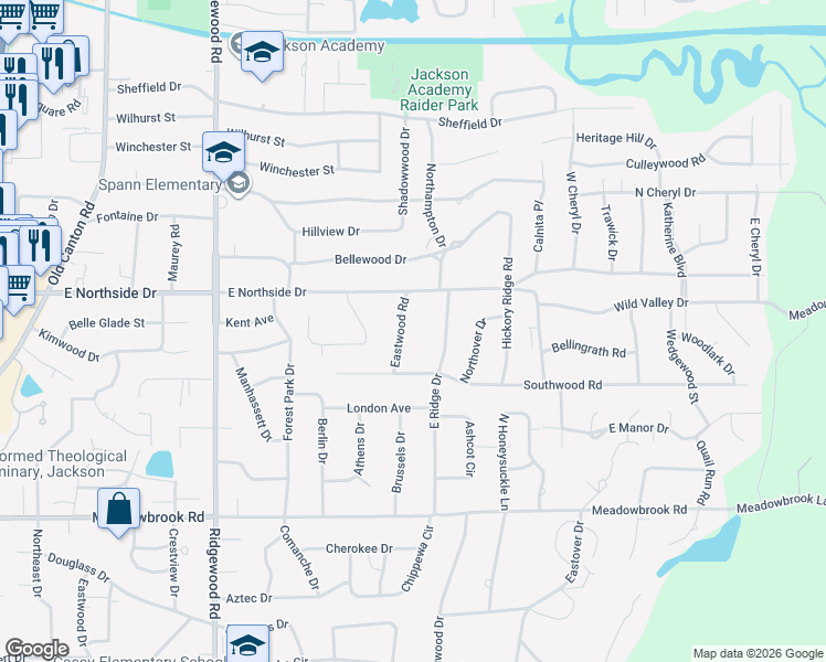 map of restaurants, bars, coffee shops, grocery stores, and more near 4463 East Ridge Drive in Jackson