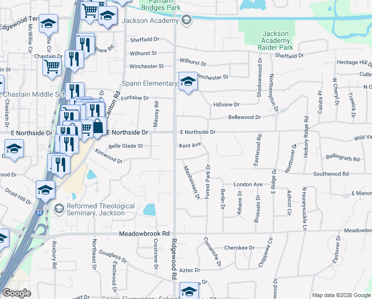 map of restaurants, bars, coffee shops, grocery stores, and more near 1620 Kent Avenue in Jackson