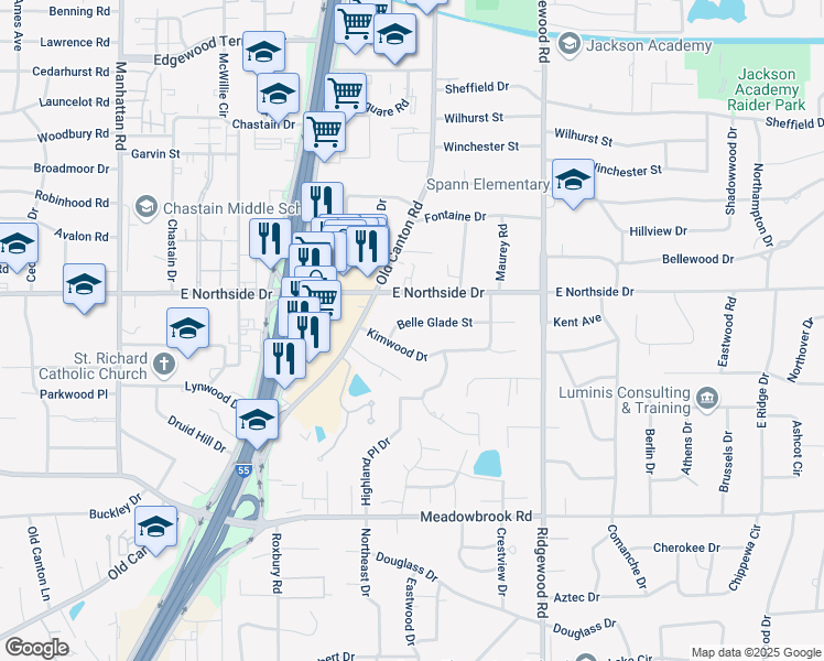 map of restaurants, bars, coffee shops, grocery stores, and more near 1420 Belle Glade Street in Jackson