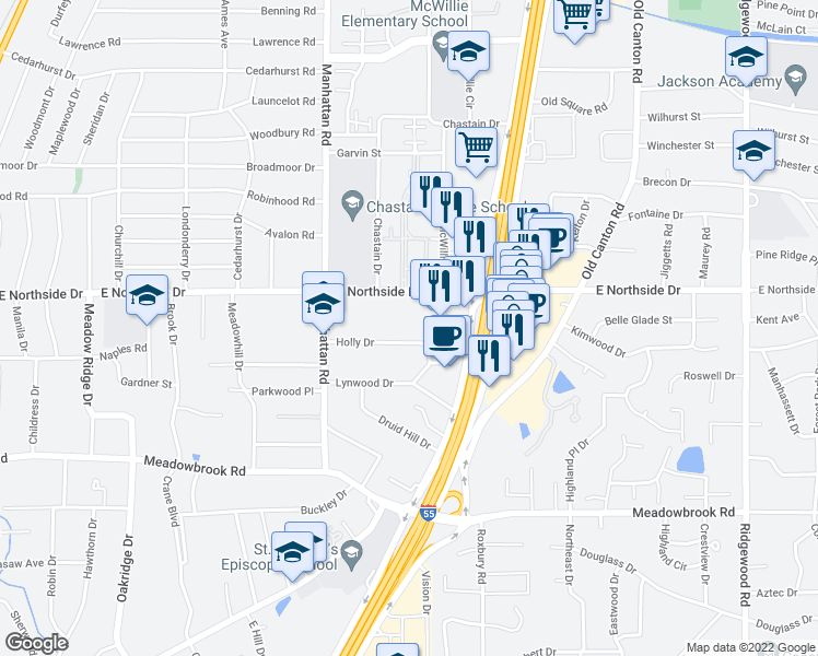 map of restaurants, bars, coffee shops, grocery stores, and more near 4559 Office Park Drive in Jackson