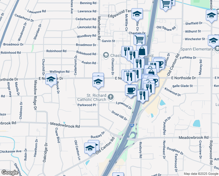 map of restaurants, bars, coffee shops, grocery stores, and more near 4550 Manhattan Rd in Jackson