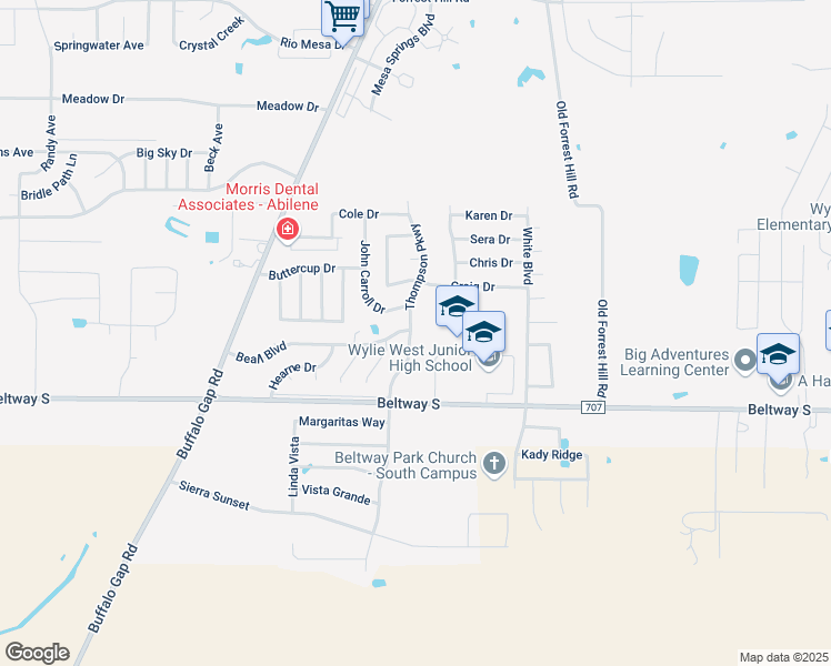 map of restaurants, bars, coffee shops, grocery stores, and more near 7901 Thompson Parkway in Abilene
