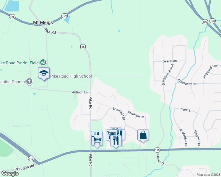 map of restaurants, bars, coffee shops, grocery stores, and more near 907 Pike Road in Pike Road