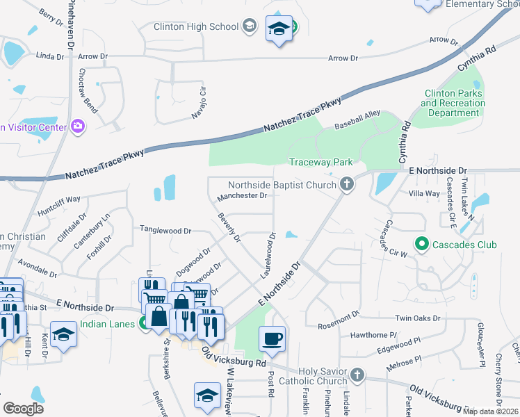map of restaurants, bars, coffee shops, grocery stores, and more near 1212 Manchester Drive in Clinton