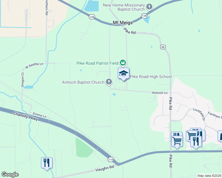map of restaurants, bars, coffee shops, grocery stores, and more near 401 Antioch Lane in Pike Road