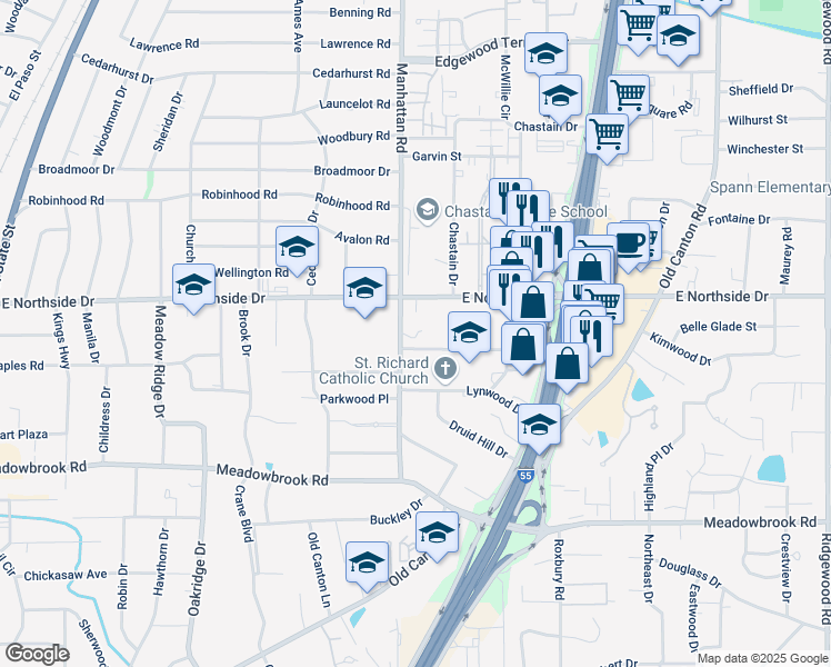 map of restaurants, bars, coffee shops, grocery stores, and more near 4550 Manhattan Road in Jackson