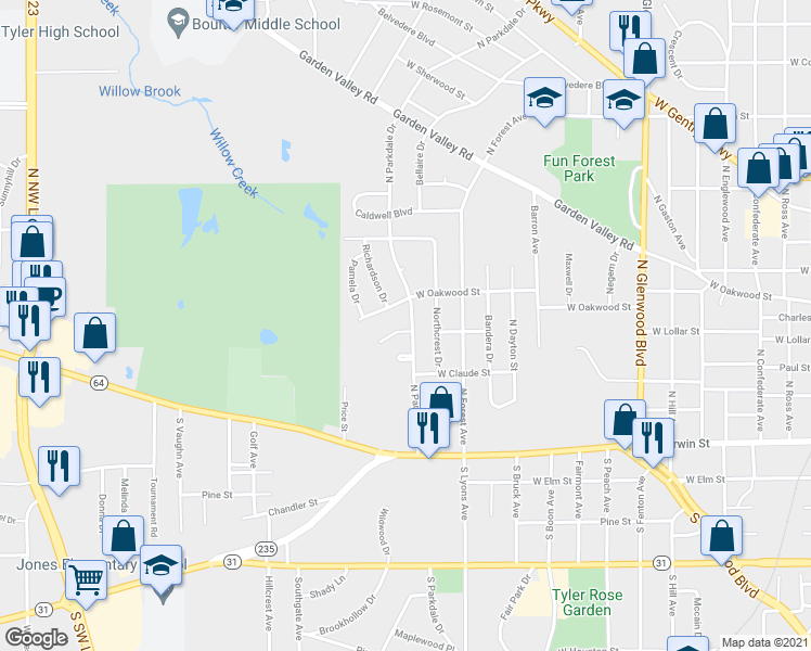 map of restaurants, bars, coffee shops, grocery stores, and more near 406 North Parkdale Drive in Tyler