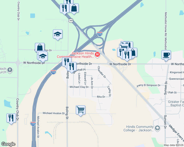 map of restaurants, bars, coffee shops, grocery stores, and more near 2021 Marshall Place in Jackson