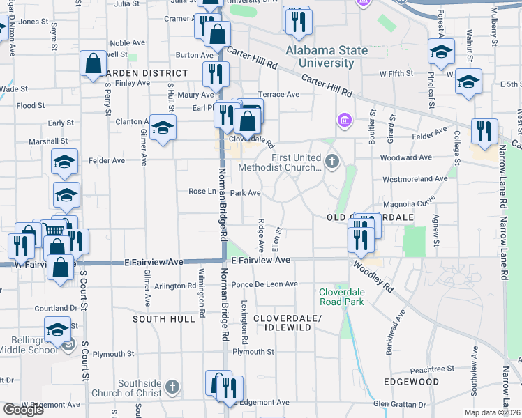 map of restaurants, bars, coffee shops, grocery stores, and more near 1918 Ridge Avenue in Montgomery