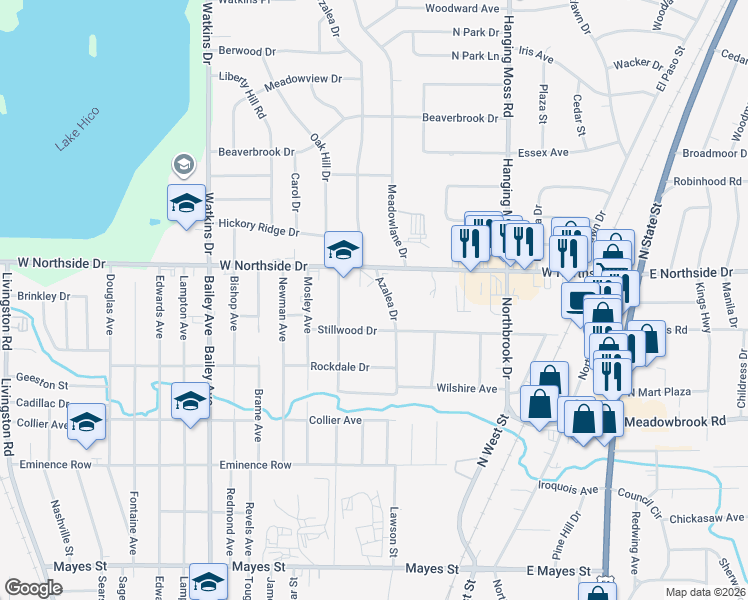map of restaurants, bars, coffee shops, grocery stores, and more near 3855 Azalea Drive in Jackson