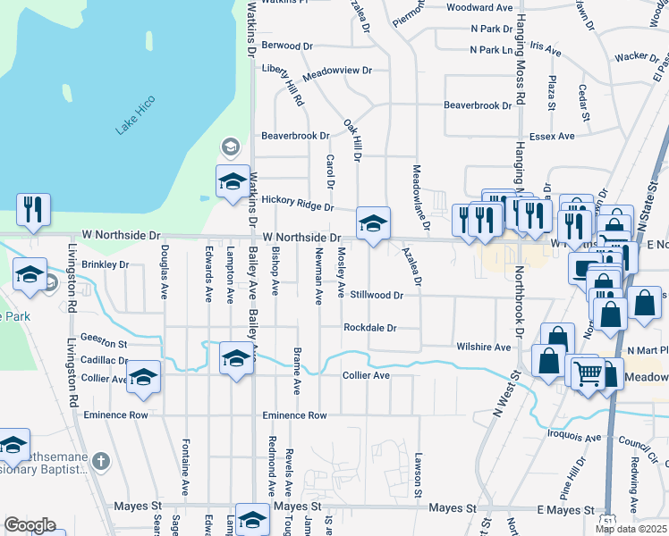 map of restaurants, bars, coffee shops, grocery stores, and more near 3811 Mosley Avenue in Jackson