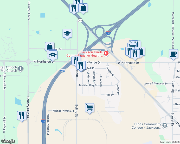 map of restaurants, bars, coffee shops, grocery stores, and more near 1977 Edward Lane in Jackson