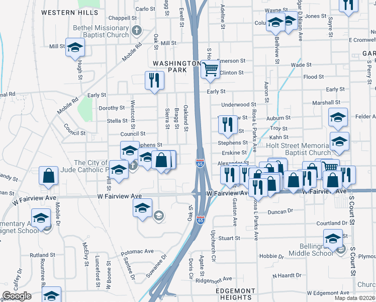 map of restaurants, bars, coffee shops, grocery stores, and more near 923 Stephens Street in Montgomery