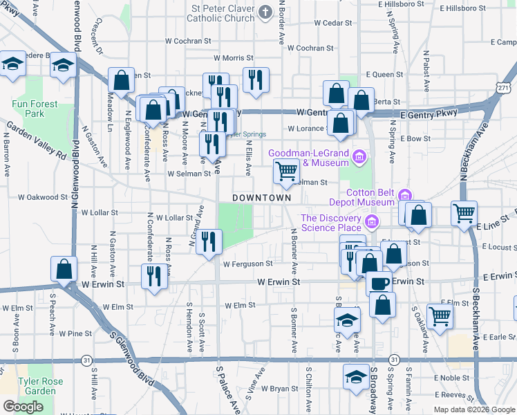 map of restaurants, bars, coffee shops, grocery stores, and more near 713 West Oakwood Street in Tyler