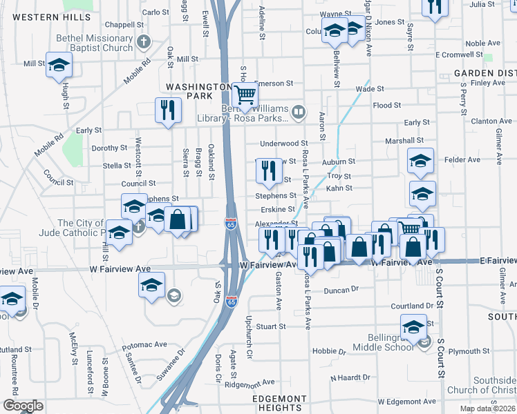 map of restaurants, bars, coffee shops, grocery stores, and more near 738 Erskine Street in Montgomery