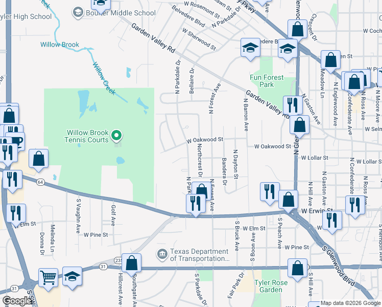 map of restaurants, bars, coffee shops, grocery stores, and more near 407 North Parkdale Drive in Tyler