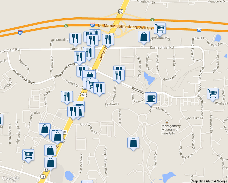 map of restaurants, bars, coffee shops, grocery stores, and more near 406 Festival Place in Montgomery