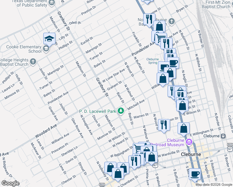 map of restaurants, bars, coffee shops, grocery stores, and more near 310 Myers Street in Cleburne