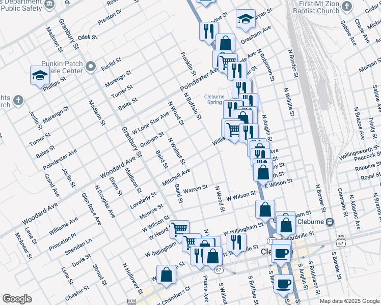 map of restaurants, bars, coffee shops, grocery stores, and more near 304 Williams Avenue in Cleburne