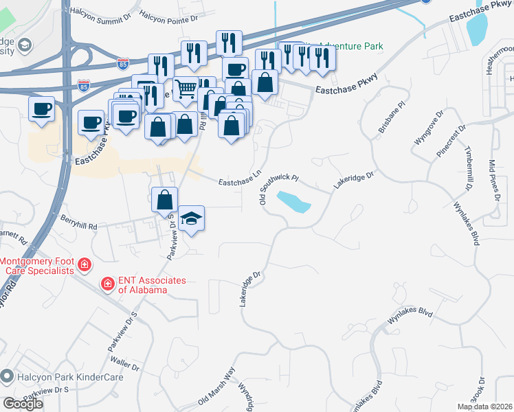 map of restaurants, bars, coffee shops, grocery stores, and more near 7065 Southwick Pl in Montgomery
