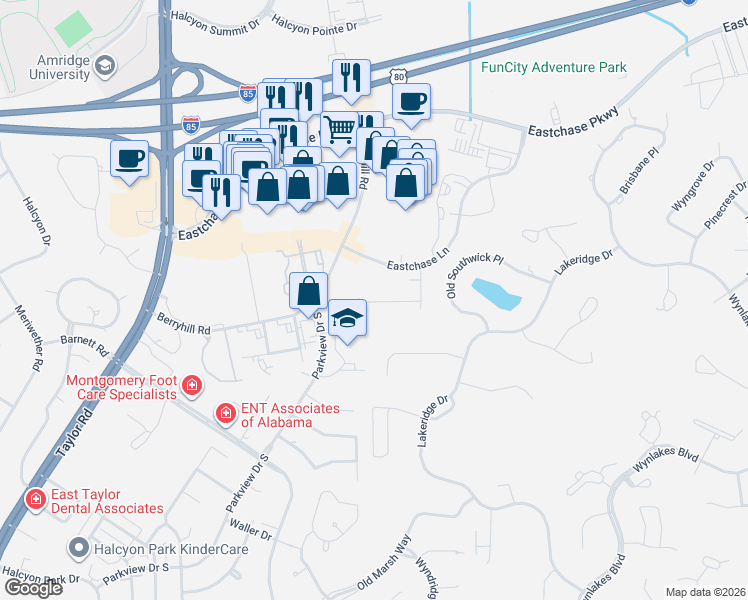 map of restaurants, bars, coffee shops, grocery stores, and more near 2315 Eastchase Ln in Montgomery