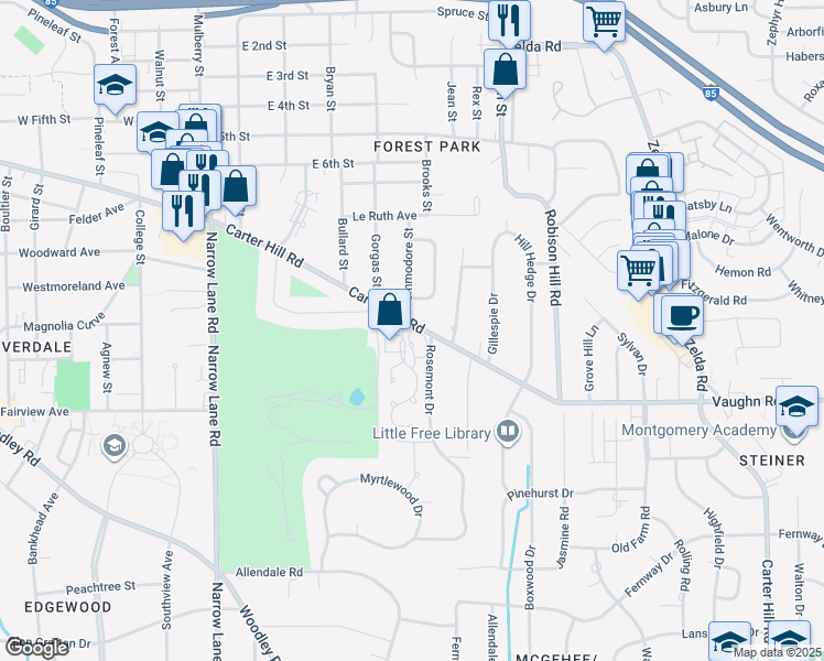 map of restaurants, bars, coffee shops, grocery stores, and more near 2414 Carter Hill Road in Montgomery