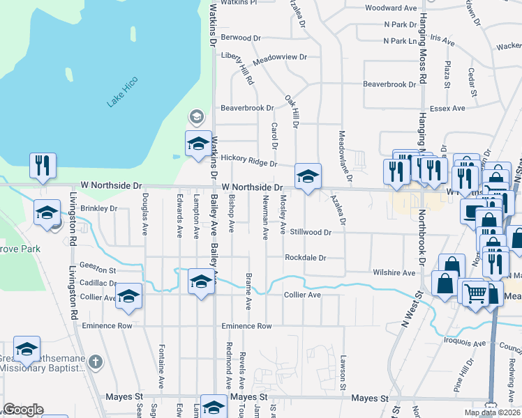 map of restaurants, bars, coffee shops, grocery stores, and more near 3834 Brame Avenue in Jackson