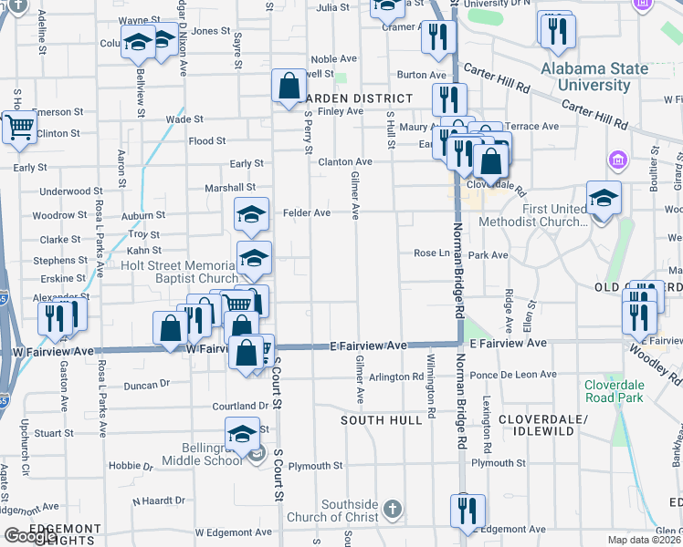 map of restaurants, bars, coffee shops, grocery stores, and more near 1560 Gilmer Avenue in Montgomery