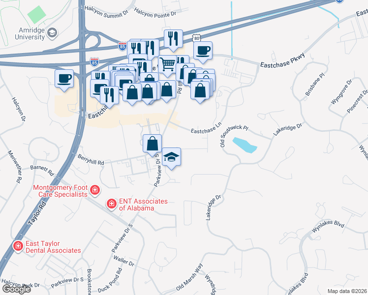 map of restaurants, bars, coffee shops, grocery stores, and more near 2315 Eastchase Ln in Montgomery