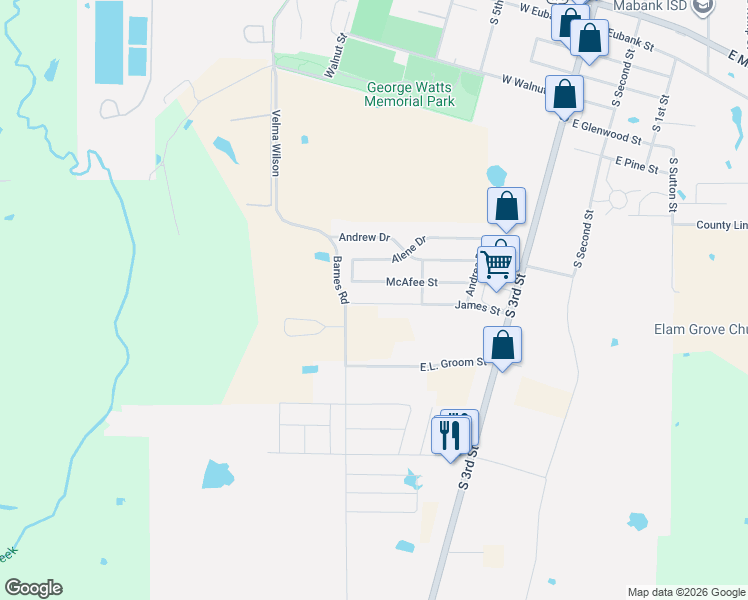 map of restaurants, bars, coffee shops, grocery stores, and more near 313 McAfee Street in Mabank