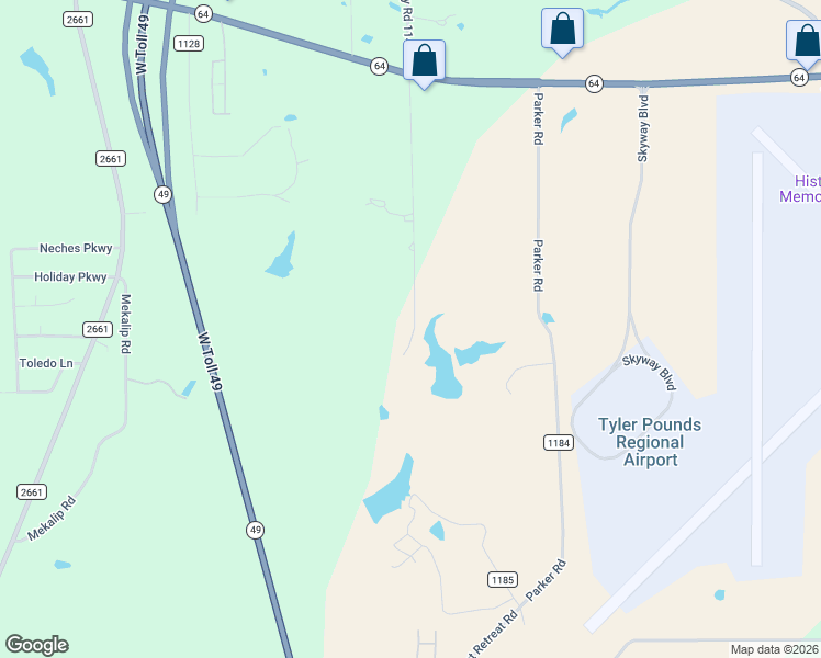map of restaurants, bars, coffee shops, grocery stores, and more near 2451 County Road 1147 South in Tyler