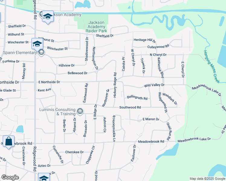 map of restaurants, bars, coffee shops, grocery stores, and more near 4458 Hickory Ridge Road in Jackson