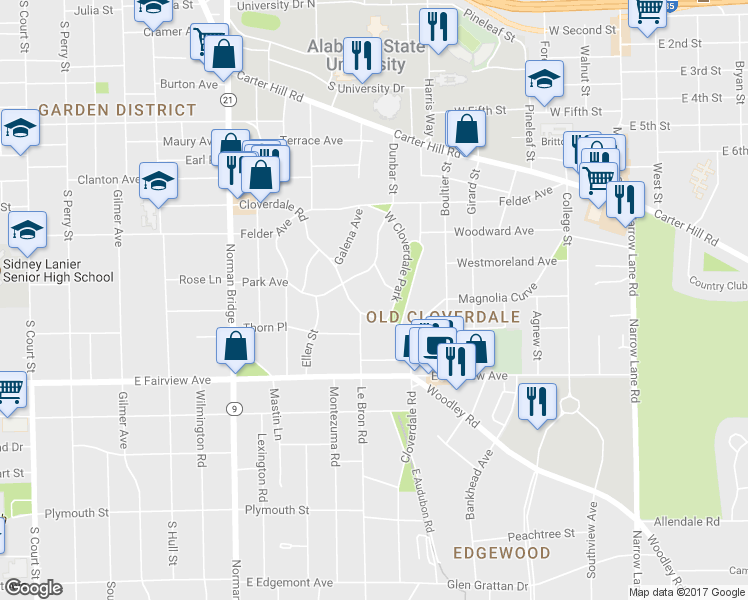 map of restaurants, bars, coffee shops, grocery stores, and more near 805 Cloverdale Road in Montgomery