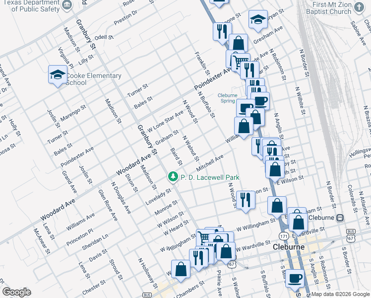 map of restaurants, bars, coffee shops, grocery stores, and more near 910 North Walnut Street in Cleburne