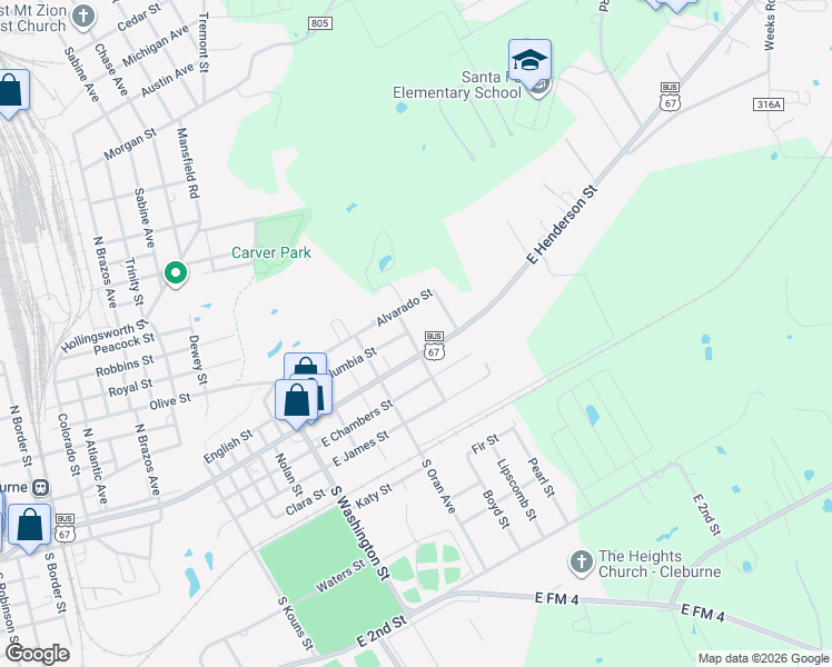 map of restaurants, bars, coffee shops, grocery stores, and more near 1301 East Henderson Street in Cleburne