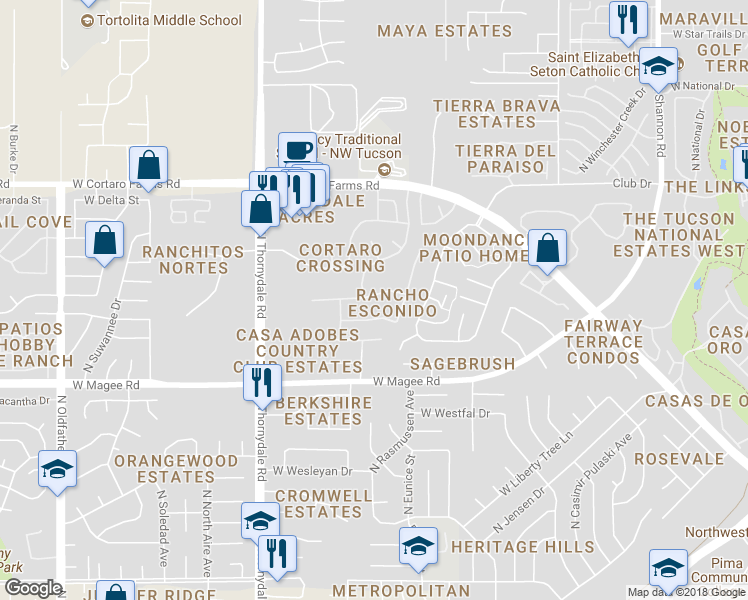 map of restaurants, bars, coffee shops, grocery stores, and more near 3545 West Camino De Caliope in Tucson