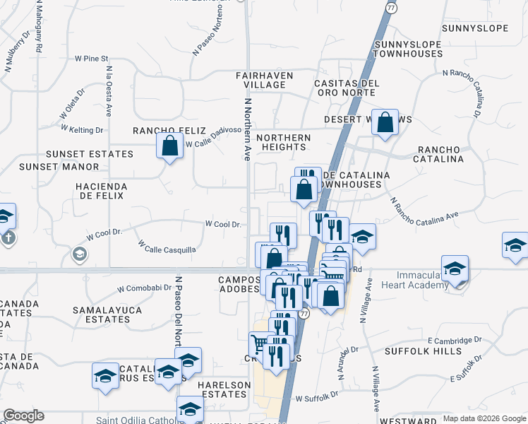 map of restaurants, bars, coffee shops, grocery stores, and more near 8156 North Peppersauce Drive in Oro Valley