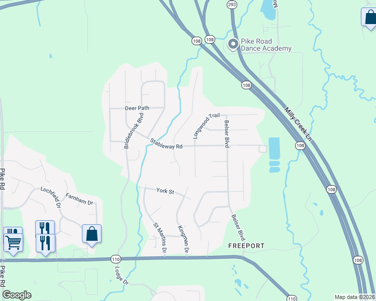 map of restaurants, bars, coffee shops, grocery stores, and more near 725 Stableway Road in Pike Road