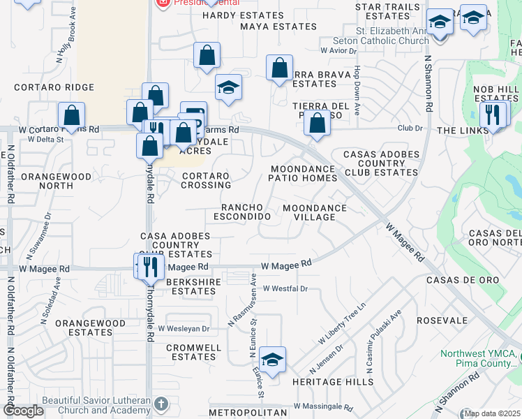 map of restaurants, bars, coffee shops, grocery stores, and more near 8180 North Camino De La Viola in Tucson
