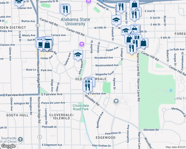 map of restaurants, bars, coffee shops, grocery stores, and more near 1103 Magnolia Curve in Montgomery