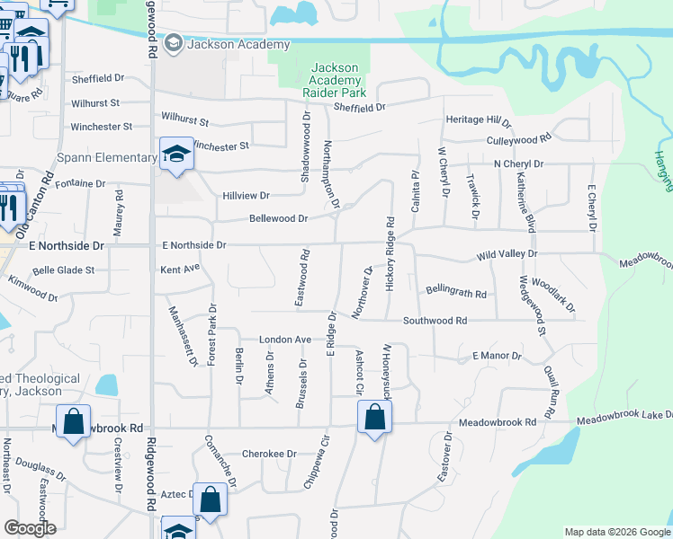 map of restaurants, bars, coffee shops, grocery stores, and more near 4463 East Ridge Drive in Jackson