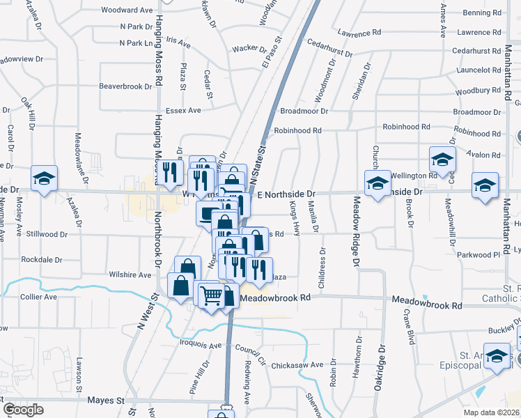 map of restaurants, bars, coffee shops, grocery stores, and more near 4556 North State Street in Jackson